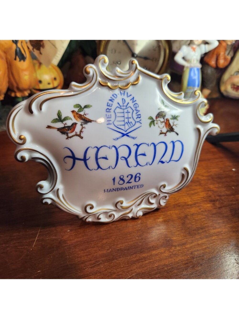 Herend Hungary Porcelain Dealer Display Plaque Handpainted Birds Gold Accents 18